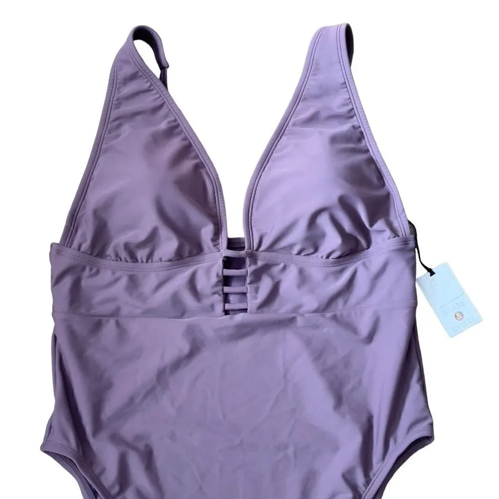 Shade & Shore Women's Torso Plunge Front Swimsuit Mauve Purple XLARGE NWT